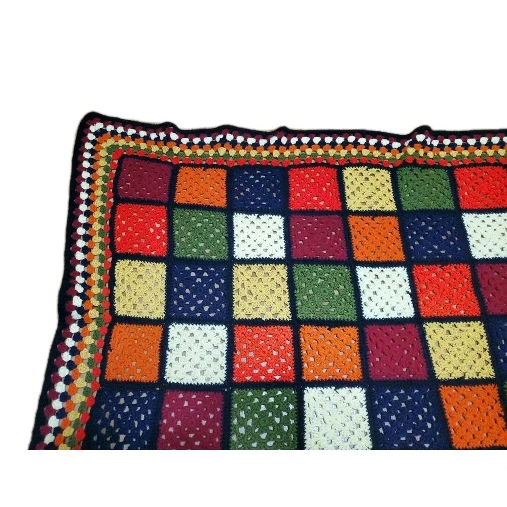 Vintage Granny Square Handmade Crocheted Afghan Blanket Black Orange Green 58x45
